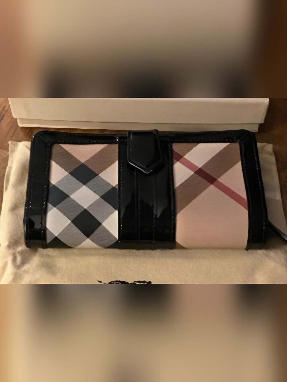 Burberry Black Patent Leather Wallet with Beige & Pink Plaid GUC Authentic!